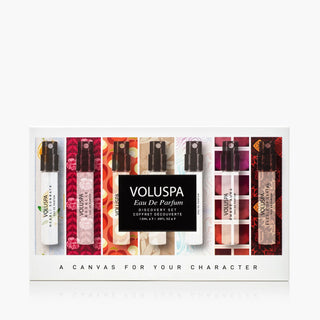 Voluspa Eau De Parfum Discovery Set with six small bottles in a box on a white background