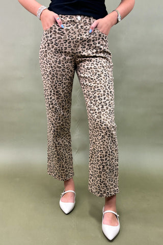 Person wearing leopard print pants on a plain background