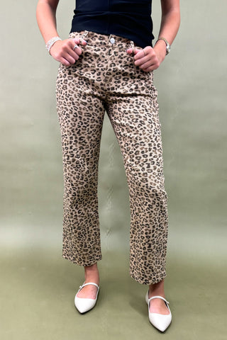 Person wearing leopard print pants on a plain background