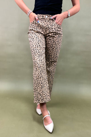 Person wearing leopard print pants on a plain background