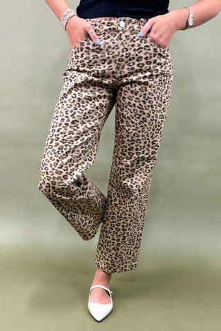 Leopard print pants worn by a person on a plain background