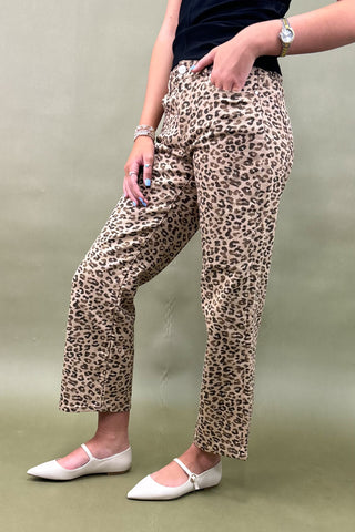Person wearing leopard print pants on a plain background
