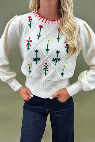 Person wearing a white sweater with floral patterns on a plain background