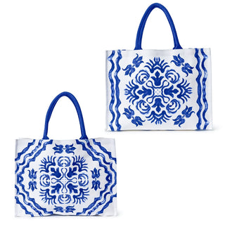 Blue Tile Block Print Tote Bag with Inside Zippered Pocket