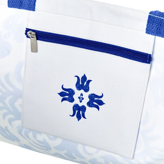 Blue Tile Block Print Tote Bag with Inside Zippered Pocket