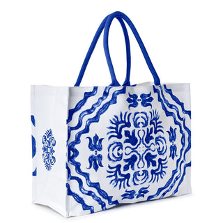 Blue Tile Block Print Tote Bag with Inside Zippered Pocket
