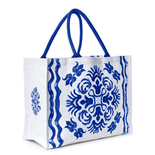 Blue Tile Block Print Tote Bag with Inside Zippered Pocket
