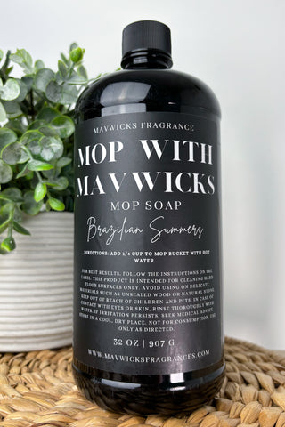 Mawwicks Mop Soap bottle with label on a woven mat