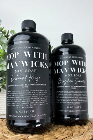 Two bottles of Mav Wick's Mop Soap on a woven mat with a white background.
