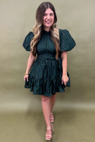 Woman wearing a green dress with puffed sleeves against a green background