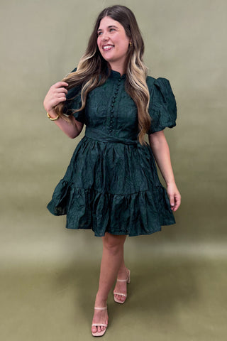 Woman wearing a green dress against a green background