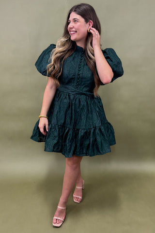 Woman wearing a green dress against a green background