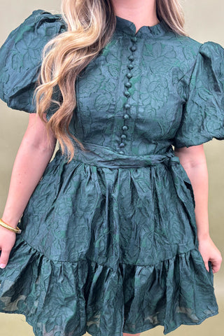 Green lace dress with puff sleeves worn by a person against a neutral background