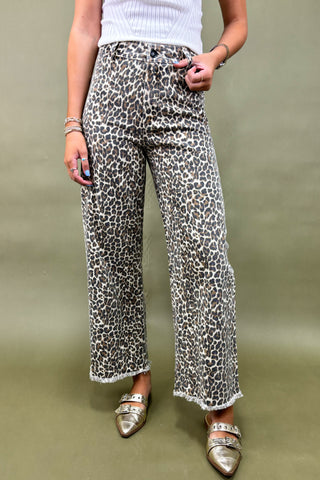 Person wearing leopard print pants on a plain background