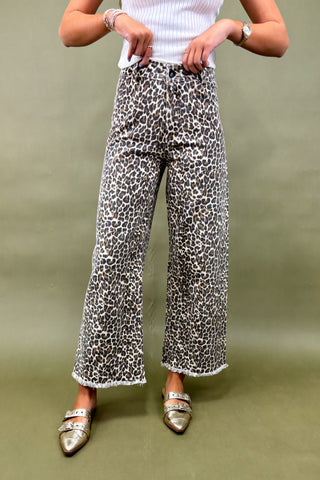 Person wearing leopard print pants on a green background
