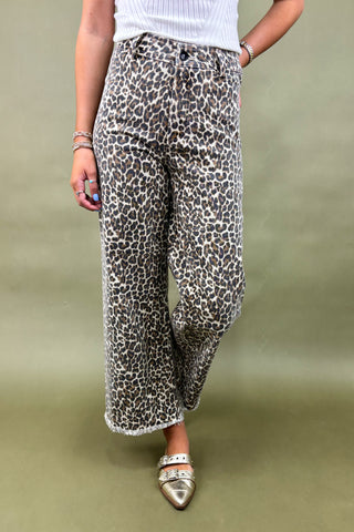 Person wearing leopard print pants on a plain background