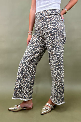 Person wearing leopard print pants on a plain background