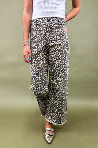Person wearing leopard print pants on a plain background