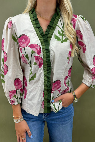Woman wearing a floral blouse with pink flowers and green accents on a plain background