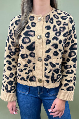 Person wearing a leopard print cardigan with blue jeans against a green background