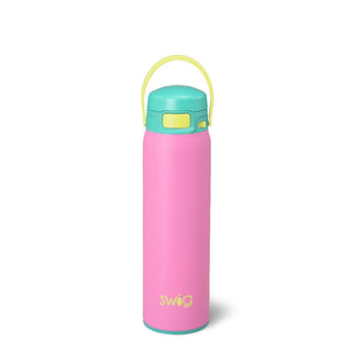 Pink water bottle with a turquoise cap and yellow handle on a white background