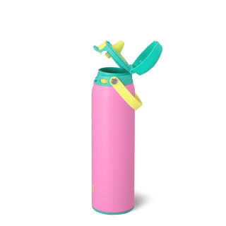 Pink water bottle with a green and yellow lid on a white background