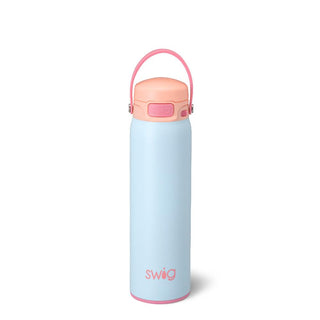 Light blue water bottle with pink lid and handle on a white background