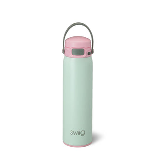 Mint green water bottle with pink cap on a white background
