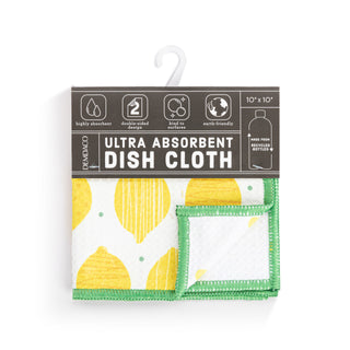 Packaged ultra-absorbent dish cloth with lemon pattern on a white background