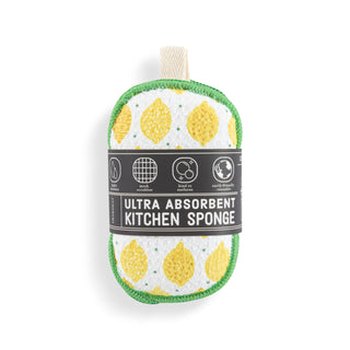 Ultra absorbent kitchen sponge with lemon pattern on a white background