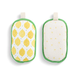 Two kitchen sponges with lemon pattern on a white background