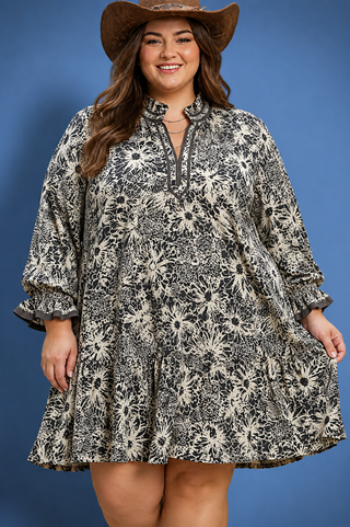 Floral Black & Ivory Print Dress featuring a split V-neck, 3/4 sleeves, lightweight lined fabric