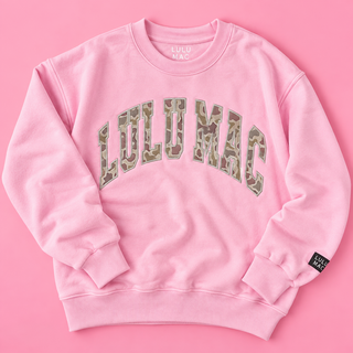 pastel pink color and bold collegiate-inspired LULU MAC lettering filled with a trendy camouflage pattern
