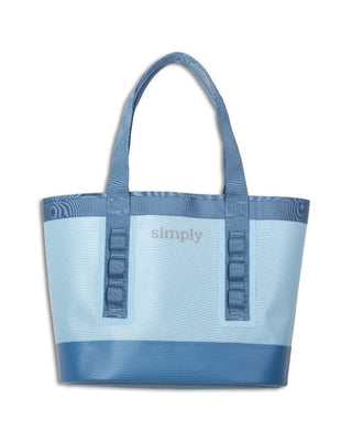 Blue tote bag with visible brand name on a white background