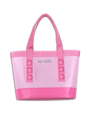 Pink tote bag with 'simply' text on a white background