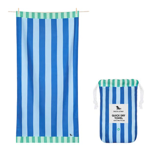 Blue and green striped towel with matching pouch on a white background