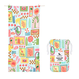 Colorful patterned towel and pouch with brand logo on a white background