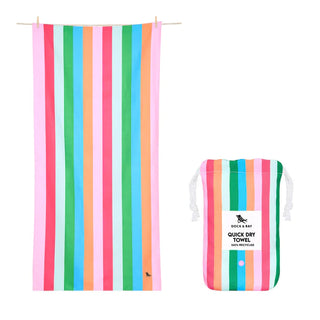 Colorful striped towel and matching pouch on a white background