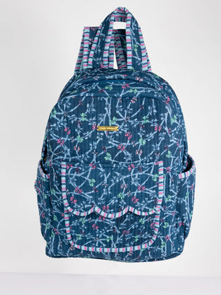 Blue patterned backpack on a white background