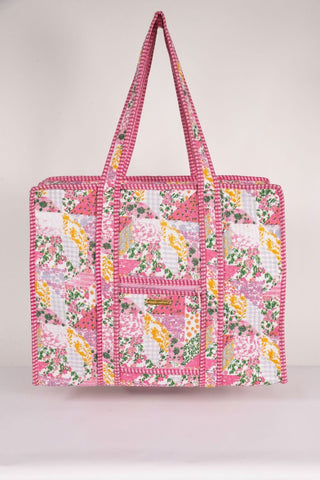 Floral patterned tote bag on a light gray background