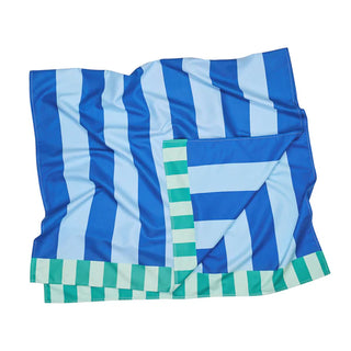 Blue, white, and green striped towel on a white background