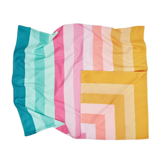 Colorful striped blanket with a geometric pattern on a white background