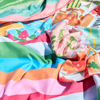 Colorful fabric with floral patterns and stripes