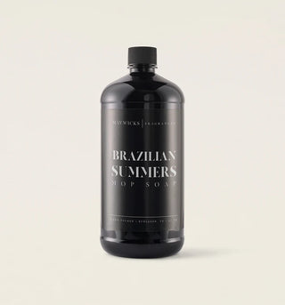 Black bottle of 'Brazilian Summers' soap on a beige background