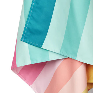 Colorful striped fabric with shades of blue, pink, and green on a white background