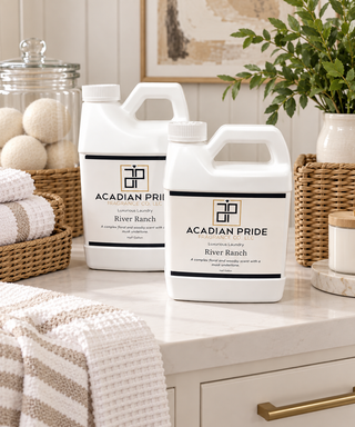 Two white plastic jugs of Acadian Pride Laundry River Ranch liquid detergent displayed on a light-colored bathroom counter, surrounded by home decor props like a towel, basket, and plant.