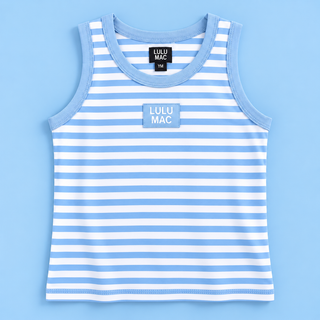 A light blue and white striped sleeveless tank top with a small rectangular patch on the chest that reads 'LULU MAC' in white text, shown flat against a light blue background.