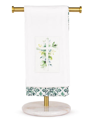 Decorative lamp with floral design and cross on a white background
