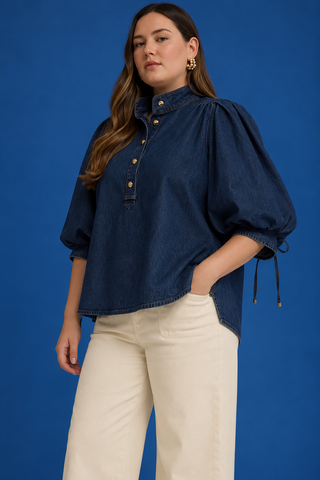 PLUS Bluebonnet Breeze Denim Button Detail 3/4 Puff Sleeve Top