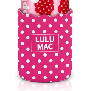Pink polka dot phone case with 'LULU MAC' branding on a white background